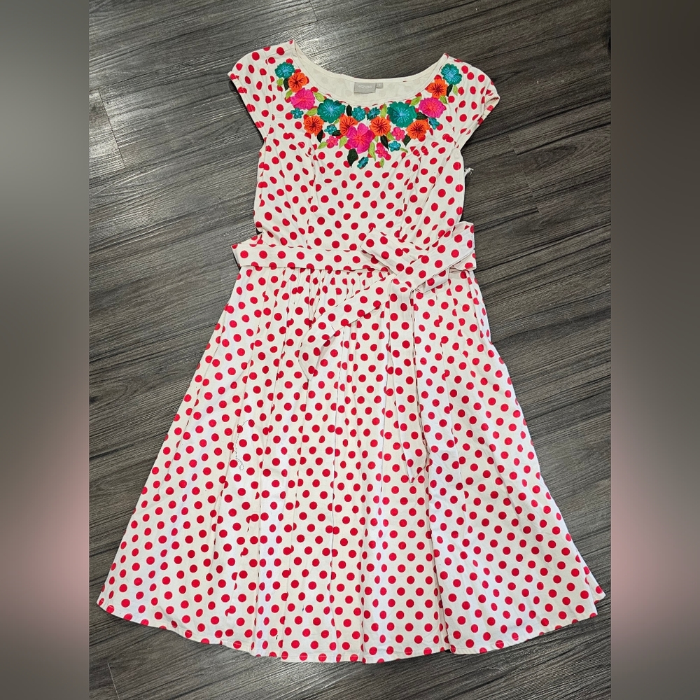 Cream and Red Polka Dot Dress with Embroidery Eshakti Size us6